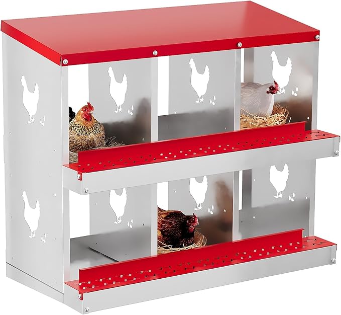 Heavy Duty Galvanized Metal Chicken Nesting Box - Rustproof Egg Laying Box for Hens with Slanted Roof, Rollout Design - Wall Mount or Freestanding Poultry Nest for Chicken Coop (6-Hole)