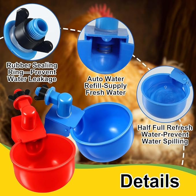 Tanlade 50 Packs Chicken Waterer Chicken Feeder, Automatic Waterer Kit for Poultry Duck Goose Turkey Bunny (Red,Blue)