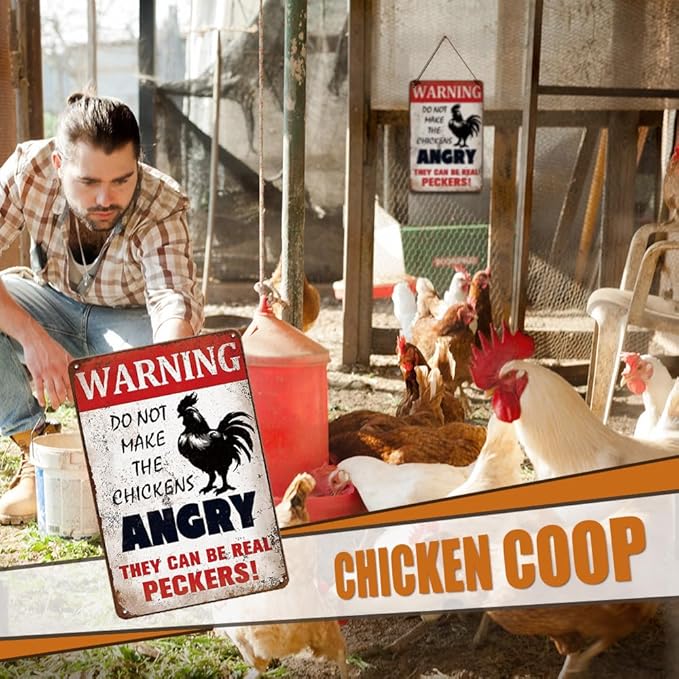 YOYI ART Funny Metal Warning Chicken Signs for Coop - Vintage Tin Sign for Chicken Coop, Outdoor, Kitchen, Farmhouse Wall Decor Art Accessories, Chicken Gifts for Women, 8 x 12 inch