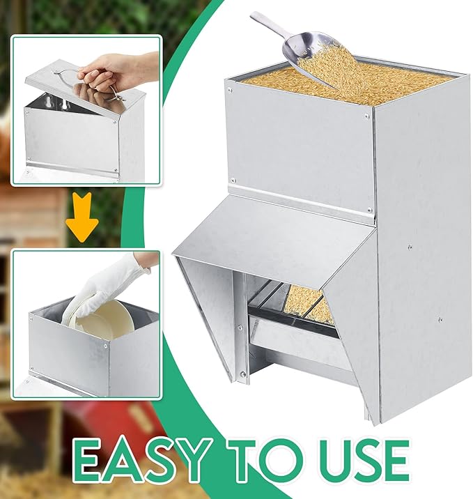 Uiifan 2 Pcs 11.5-50 Lbs Galvanized Chicken Feeder Weatherproof Poultry Food Dispenser with Lid Chicken Duck Food Dispenser Rat Proof Poultry Feeder for Cock Hen Duck(50 lb)