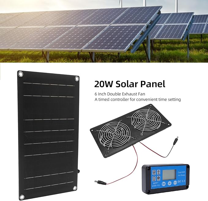 6 Inch Dual Solar Exhaust Fan, 20W Monocrystalline Silicon Solar Panel Ventilation Fan with Timed Controller, Low Noise Solar Powered Fan for Greenhouse, Chicken Coop, Shed