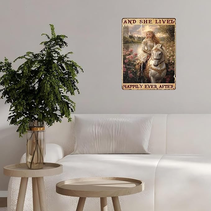 Vintage Horse Tin Sign And She Lived Happily Ever After Retro Girl Metal Poster Funny Pet Lovers Wall Art Cafe Wall Decor for Kitchen Office Garden Plaque Home Bar Plub Club Shop 12 * 16inch