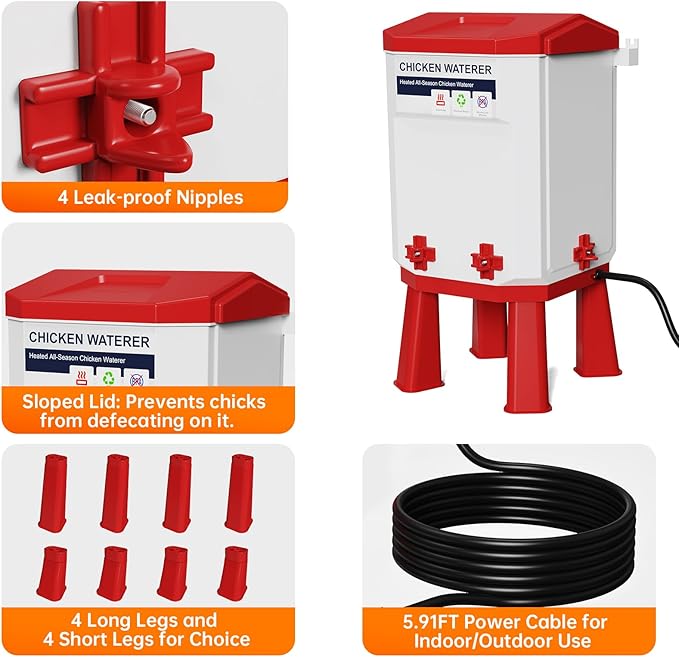 Heated Chicken Waterer, Thermostatically Controlled Poultry Water Heater for Winter, 4 Horizontal Nipples and 8 Support Legs, Anti-Freezing Watering System for Coop Accessories (Red, 3.2Gallon)