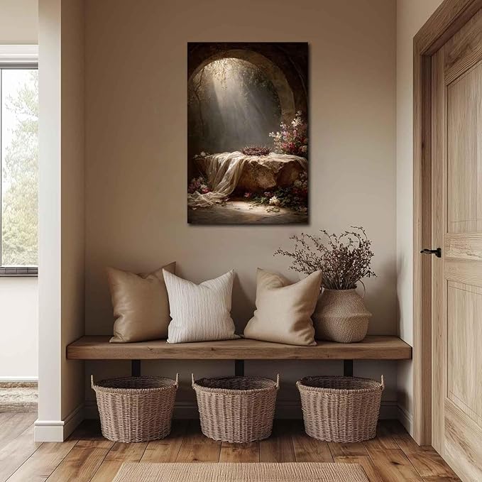 He Is Risen Canvas Easter Empty Tomb of Jesus Wall Decorations Religious Spring Art Christian Easter Pictures Wall Art Wooden Frame 20x30 inch