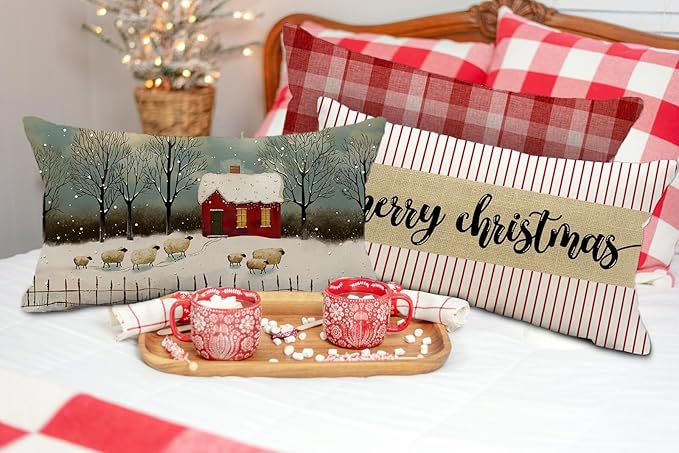 Christmas Sheep Pillow Cover 12x20 Inch Sheep Red Wonderland Forest Tree Decoration Holiday Farmhouse Pillow Case Decor for Home Sofa Couch