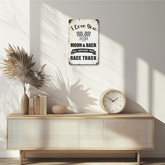 Race Car Room Wall Decor for Boys, Funny I Love You to the Moon and Back Aluminium Plate Signs, Hot Wheels Bedroom Decor, Racing Car Man Cave Garage Vintage Style Wall Art Decorations Metal Signs
