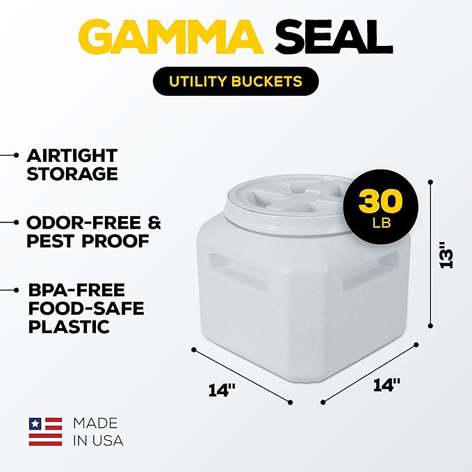 Gamma2 Gamma Seal Airtight Storage Bin - Wood, Pellet, Charcoal, and Food Container - Indoor or Outdoor Utility Bucket - BPA-Free Plastic - Made in The USA - Fits up to 30 Pounds - 14" L x 13" H