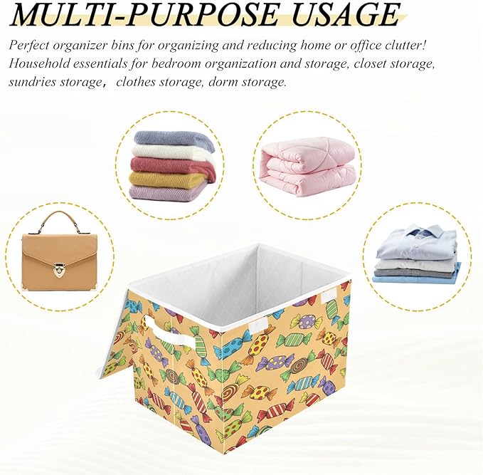Colorful Candy Pattern Storage Bins with Lids Foldable Storage Basket with Handles Collapsible Large Fabric Organizer Containers for Clothes Shelves Closet Office Home