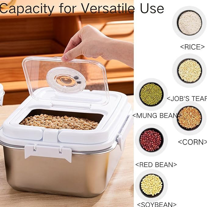 Saim 20Lbs Stainless Steel Rice Containers,Metal Flour Bin, Food Storage Container with Silicone Airtight Lid and Scoop, Measuring Cup/Portable Rice Dispenser for Dry Beans,Oatmeal and Grains (20Lbs)