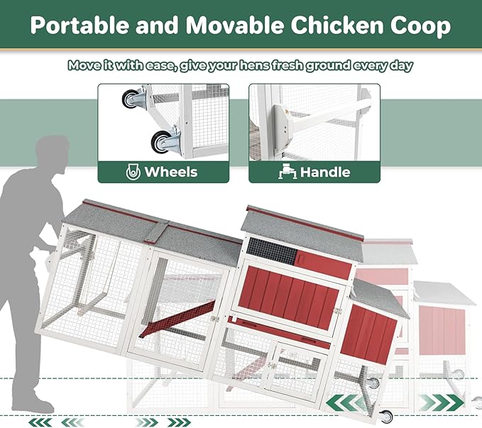 Chicken Coop with Run, Mobile Chicken Tractor Hen House Weatherproof with Wheels, Nesting Box, Roosting Bars, Pull-Out Tray, Asphalt Waterproof Roof & Fun Swing for Chickens Quails Small Animals