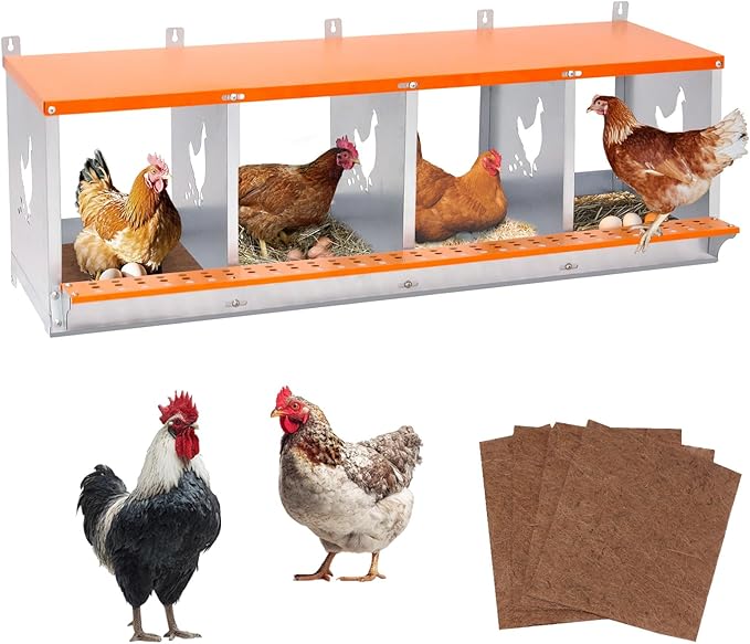 Chicken Nesting Box for Laying Eggs - 4 Room Chicken Laying Boxes, Nesting Boxes for Chickens, Heavy Duty Metal Chicken Coop (42.5" L x 17" W x 15" H)