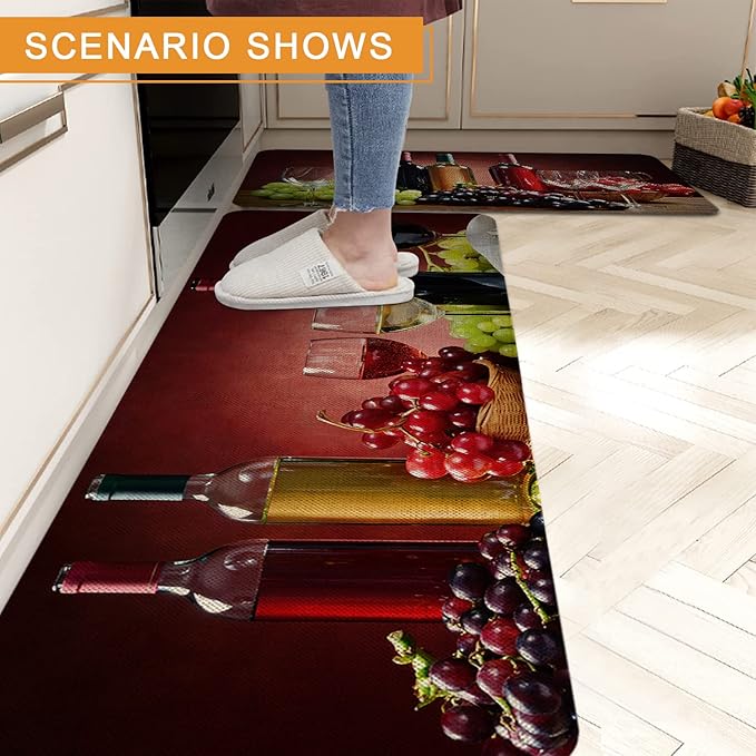 Roszwtit Farmhouse Wine Kitchen Rugs and Mats Set of 2, Red Wine Kitchen Mat, Seasonal Holiday Cooking Sets Washable Non-Slip Floor Mats for Home Kitchen Decor - 17x29 and 17x47 Inch