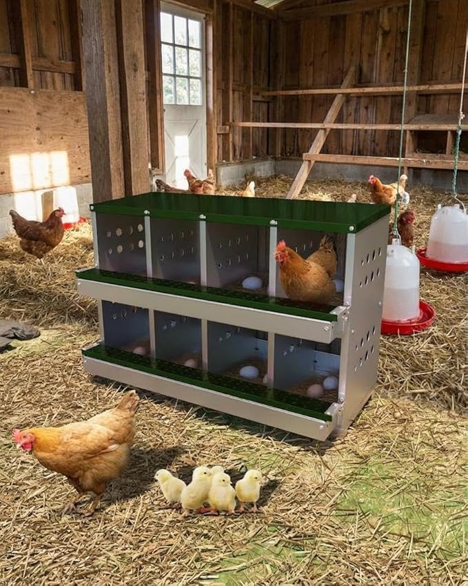 Chicken Nesting Box, 8 Compartment Metal Nesting Box, Wall Mountable Nesting Boxes with Swing Perch and Roll Away Egg Collection, Vented Holes, 8 Training Eggs Included
