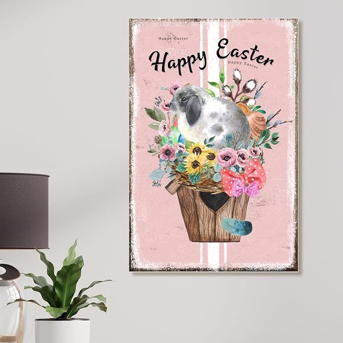Happy Easter Flower Basket Bunny Wood Art Plaques French Style Floral Pink Stripes Wall Decor Wood Sign Happy Easter Welcome Spring Wood Wall Art Sign for Kitchen 8x12in