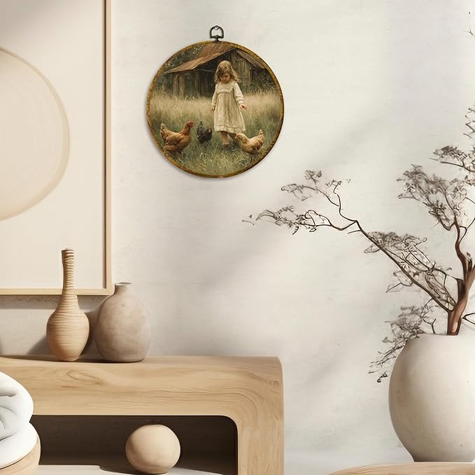 CUANFDDSF Vintage Rustic Farmhouse Round Wall Art, Cottagecore Farm Little Girl Chicken Framed Hanging Wall Decor, Country Canvas Prints Decorations for Home Bedroom Living Room, 10x10 Inch
