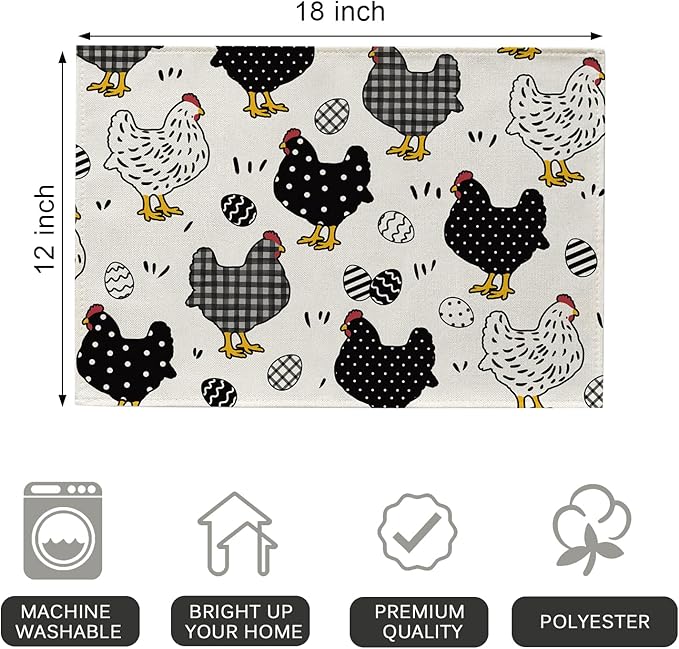 Seliem Chicken Hen Placemats Set of 4, Eggs Buffalo Plaid Polka Dots Farm Dining Table Place Mats, Spring Farmhouse Rustic Kitchen Decor Home Decoration 12 x 18 Inch