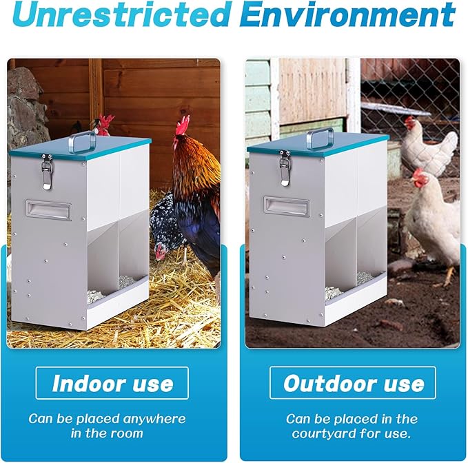 10L Chicken Grit and Oyster Shell Feeder Combo with Lid Hanging Duck Feeder Automatic Metal Gravity Chicken Feeder Poultry Coop Accessories for Goose Hens Eggs (Blue)