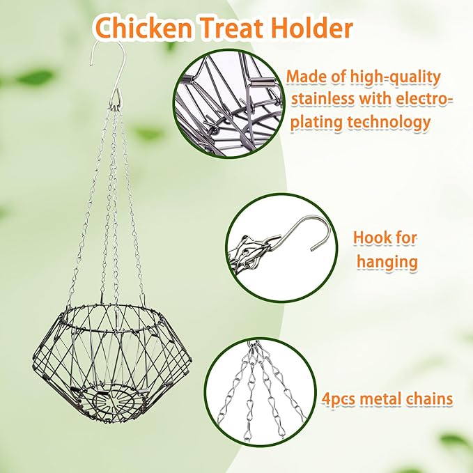 Hanging Chicken Feeder,9.25IN Large Foldable Chicken Vegetable Treat Holder Ball with 4Pcs Hanging Stainless Chain,Sturdy Poultry Cabbage Feeder Basket for Chicken Coop(Large)
