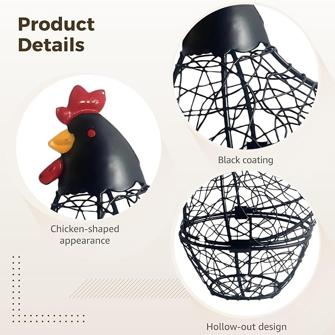 Chicken Egg Basket, Decorative Wire Egg Collecting Basket, Farmhouse Chicken Decor Countertop Egg Holder, Kitchen Storage Organizer, 8.3 x 3.5 x 7.5 in