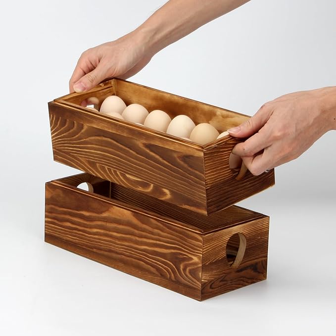 Wooden Crate for 24 Fresh Eggs, Stackable Holder Countertop With Double Layers for Display, Rustic Storage Box With Handle for Easter Supermarket Farm Kitchen Supplies, 2 PCS