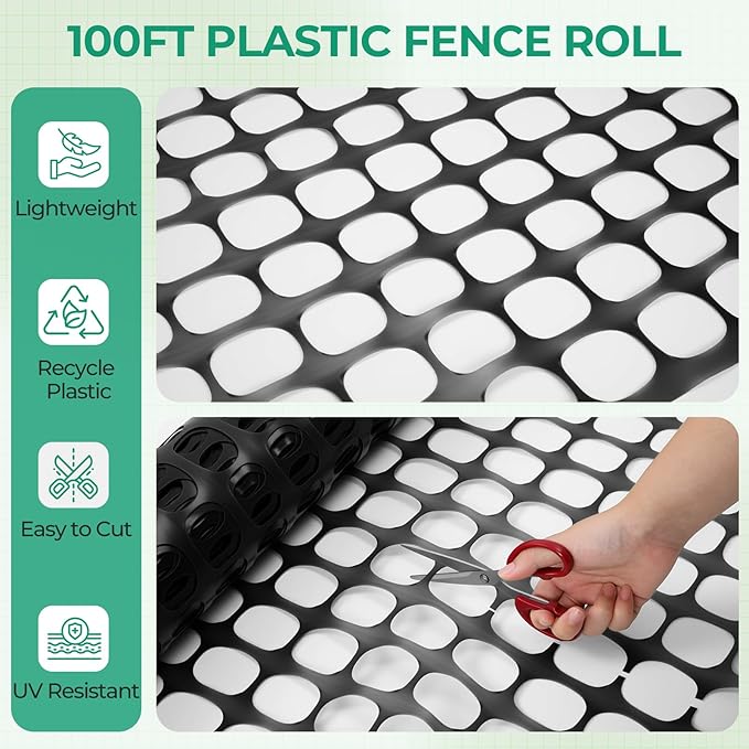 Ohuhu Plastic Garden Fence Safety Fence, 4'x100'/10.7LB Reusable Netting Plastic Mesh Fence Roll, Temporary Fencing for Animal Barrier Construction Snow Fence Poultry Rabbits Chicken Dogs Deer