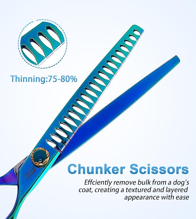 7.5'' Dog Chunker Scissors for Grooming 440C Stainless Steel Green Professional Pet Trimming Scissors Sharp Blades Cutting for Dogs and Cats Shears