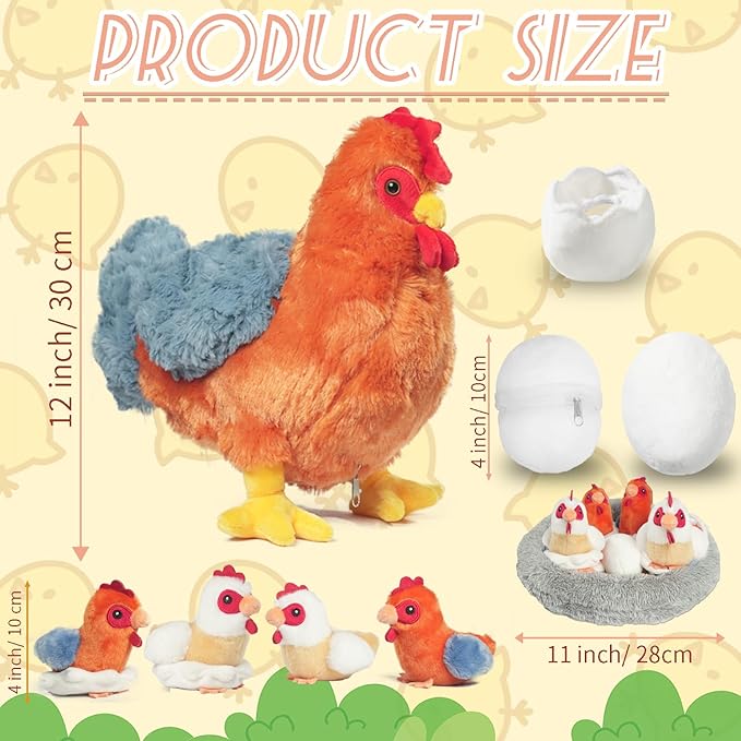 9 in 1 Chicken Stuffed Animal Set Stuffed Chicken Plush Toys for Kids, Egg Laying Hen with Zippered Belly, Eggs, Baby Chicks Plush Chickens and Coop for Kids Girls Boys Birthday Easter Stuffers Gifts