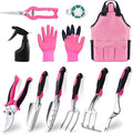 Covacure Gardening Tool Set - 11 Piece Aluminum Alloy Steel Hand Tool Starter Kit with Garden Bag, Outdoor Tool, Heavy Duty Gardening Work Set, Gardening Tools Gift for Women and Men（Pink）