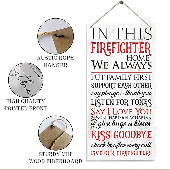 Firefighter Sign, Firefighter Home Office Decor, Family Rules Sign, Decorative Wood Hanging Wood Plaque, Rustic Door Sign, Farmhouse Hanging Decoration for Indoor Outdoor