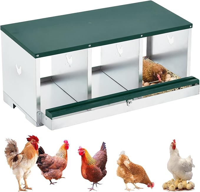 3-Hole Chicken Nesting Box, Large Ventilated Galvanized Steel Laying Box with Compartments, Wall-Mounted, Easy Egg Collection & Cleaning, Roll Away Nest Box for Coop - Green