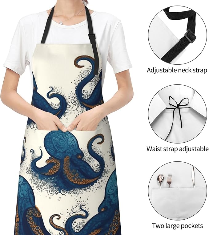Aprons for Women with Pockets Waterproof Apron Adjustable Bib Turquoise Blue Gold Marble Apron Chef Apron