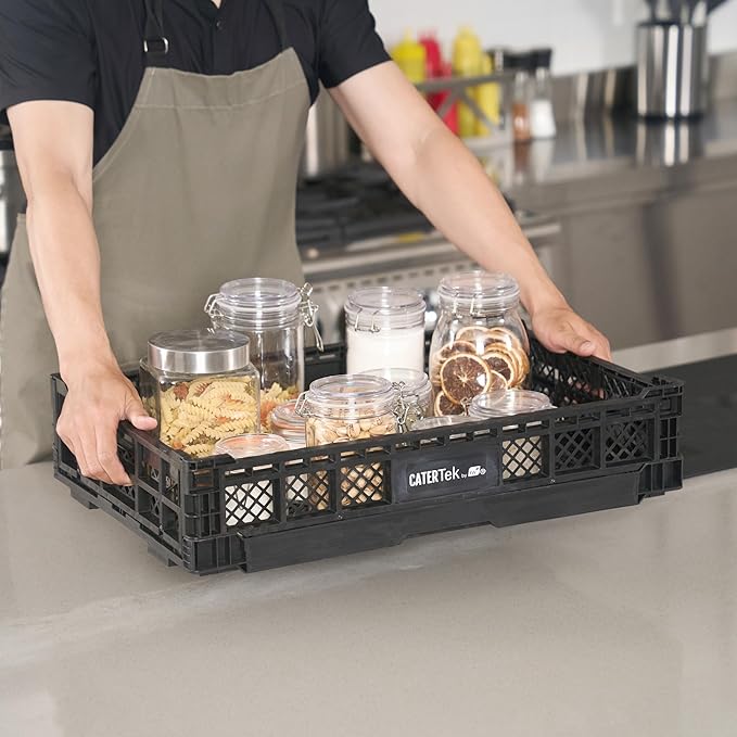 Restaurantware Plastic Milk Crates for Storage - Cater Tek Stackable Storage Buns for Organizing - Collapsible Storage Basket for Groceries, Black