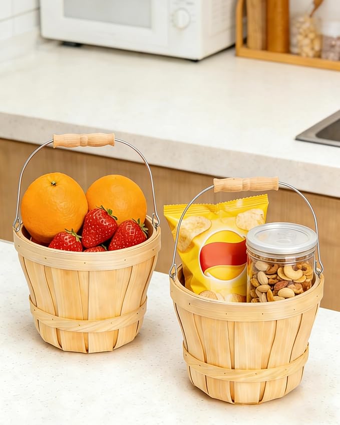 ZILAMGOO 2-Pack Apple Baskets Wooden Bushel Style – Handwoven Round Wood Fruit Baskets with Metal Handle – Rustic Farmhouse Bucket for Produce, Harvest, Holiday Display & Gifting