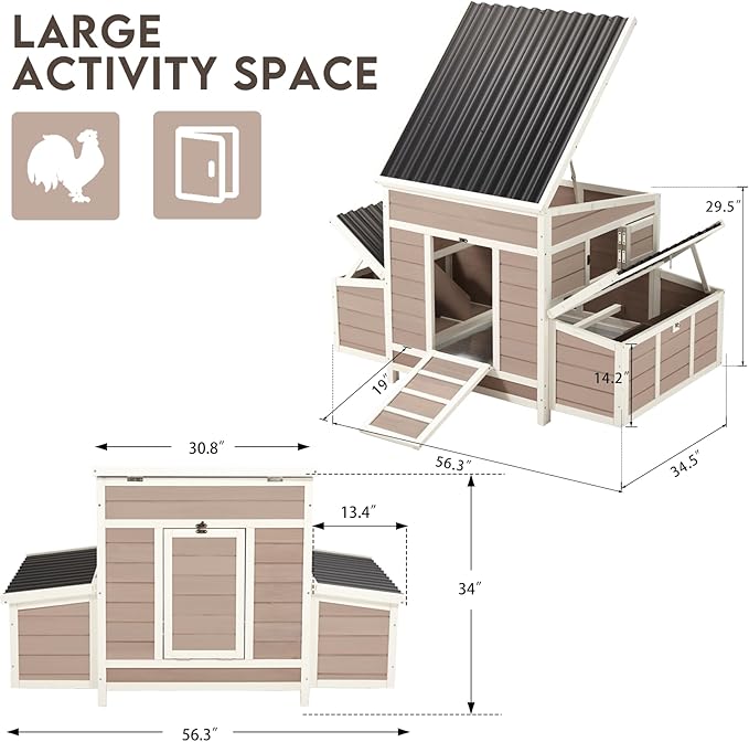U-MAX Chicken Coop, 56" Large Wooden Chicken Hutch with 6 Nesting Boxes, Outdoor Hen House Chicken Cage,Brown