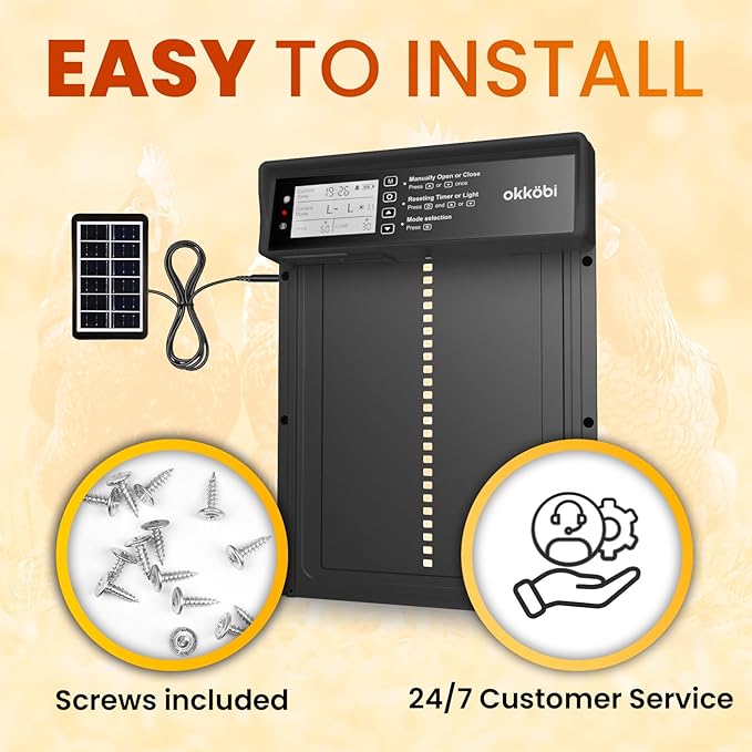 Okkobi Automatic Chicken Coop Door Solar Powered - LCD Display - Chicken Coop Door with Light Sensor & Timer - Security & Peace of Mind: Anti-Pinch Function - 5-Year Protection - Black