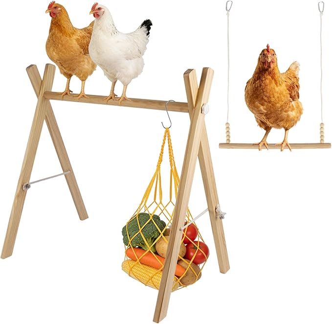 Chicken Perch & Swing Set for Coops, Wooden Roosting Bars with Feeding Net, Easy Assemble Chicken Coop Accessories for Backyard Poultry