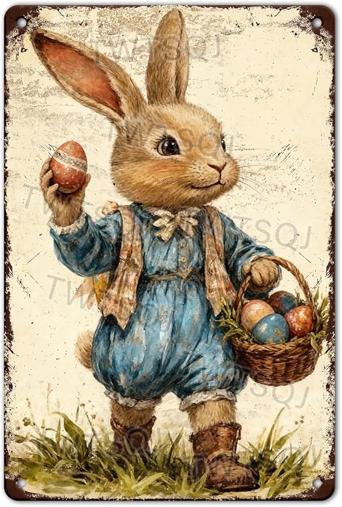 YoyaVex Bunny Metal Sign Vintage Easter Design With Decorative Eggs Rustic Wall Decor For Indoor Outdoor Use In Home Garden 8X12Inch