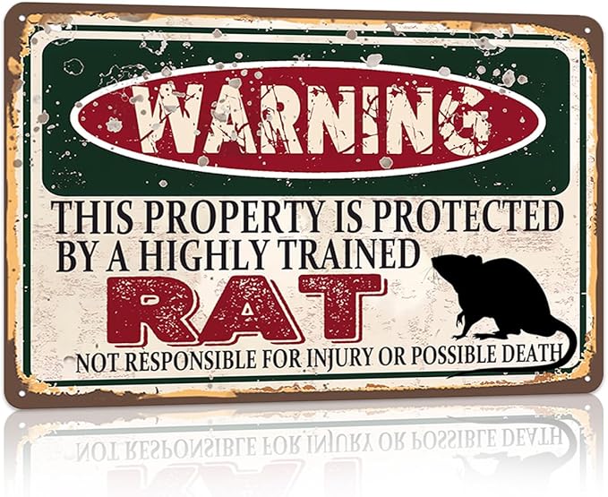 Vintage Rat Metal Sign， Warning this property is protected bY a highly trained Rat Sign Funny Tin Signs 12x8 Inch