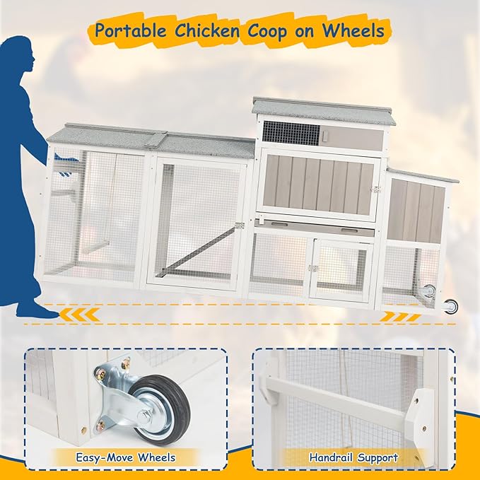 Wooden Chicken Coop with Wheels – Large Movable Outdoor Hen House with Waterproof Asphalt Roof, Nesting Box & Easy-Clean Tray Spacious Backyard Poultry Tractor (Grey, 77.4"L x 23.2"W x 39.2"H)
