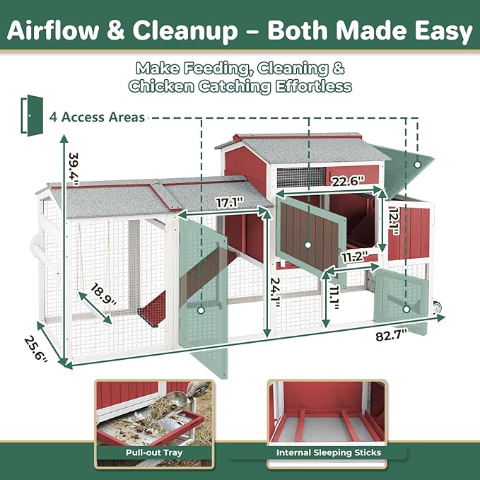 Chicken Coop with Run, Mobile Chicken Tractor Hen House Weatherproof with Wheels, Nesting Box, Roosting Bars, Pull-Out Tray, Asphalt Waterproof Roof & Fun Swing for Chickens Quails Small Animals