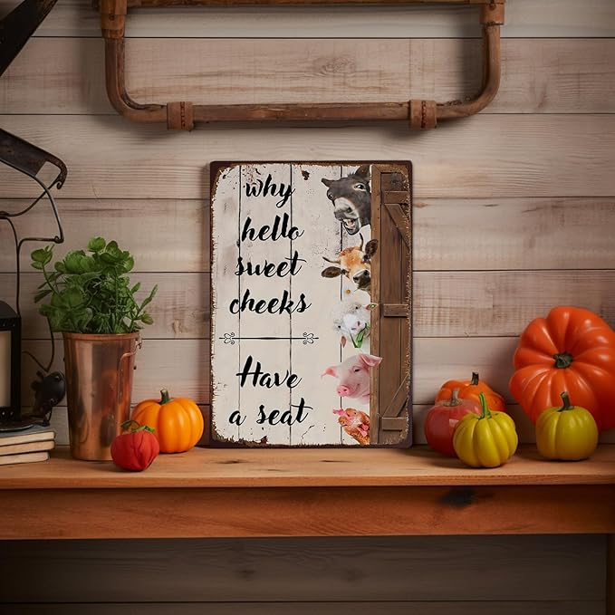 Rustic Farm Animals Metal Sign Vintage Style Why Hello Sweet Cheeks Have a Seat Wall Decor for Farmhouse Gift 12x8 Inches