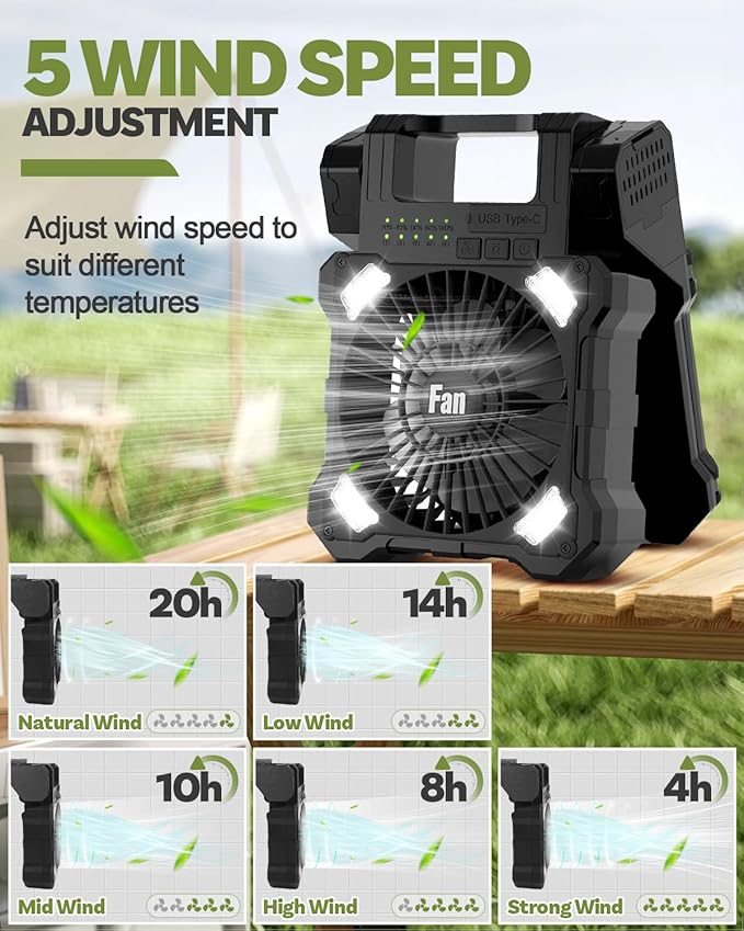 22000mAh Camping Solar Fan, Dual-Panel Rechargeable Solar Powered Fan with LED Light, 5 Adjustable Speeds Battery Powered Portable Fans, USB-C Fans for Travel Tent Home Camping Accessories