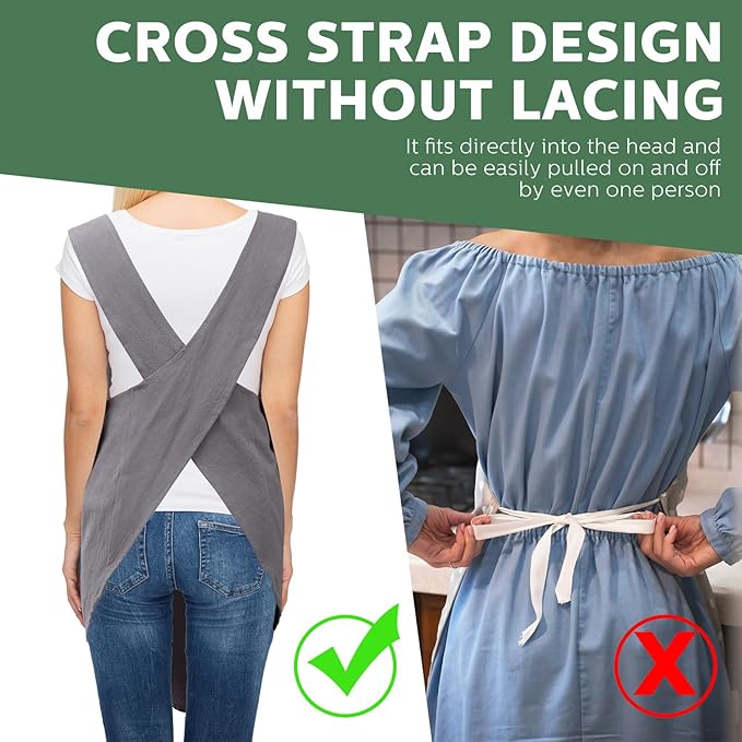 JaGely 2 Pack Japanese Linen Cross Back Kitchen Cooking Aprons for Women Men with 2 Pockets Cute Gardening Dress