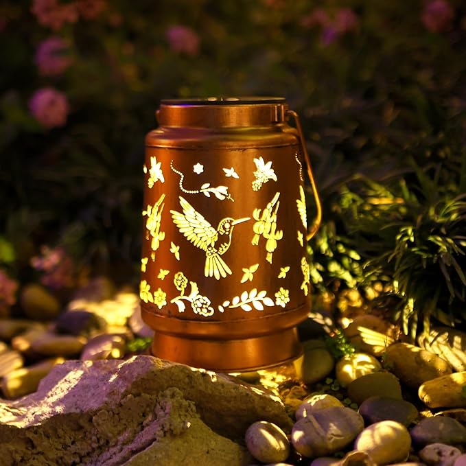 Hummingbird Solar Lanterns Outdoor Waterproof Hanging Solar Lights Hummingbird Birthday Gifts for Women Men Mom Metal Decorative LED Lantern Outside for Decor Garden,Yard,Patio,Lawn,Porch,Backyard