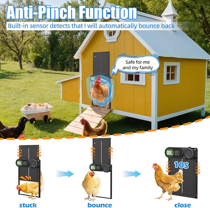 Automatic Chicken Coop Door Battery Powered, LCD Display Large Aluminum Auto Chicken Coop Opener with Anti-Pinch Sensor, Smart Timer & Waterproof for Hens, Ducks, Geese Poultry