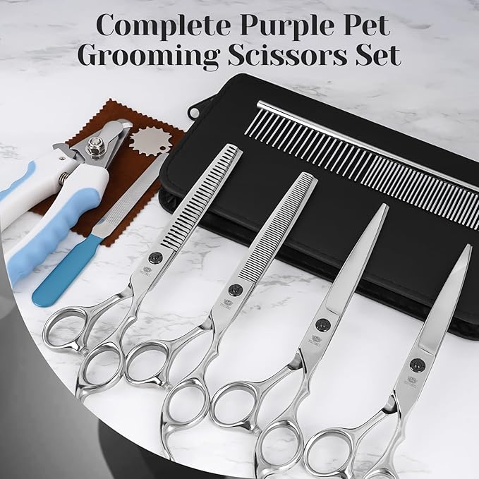 Dog Grooming Scissors Set – 6 in 1 Silver Pet Grooming Kit with Curved, Thinning, Chunker & Straight Shears + Comb – 440C Stainless Steel, Sharp & Durable for Dogs & Cats
