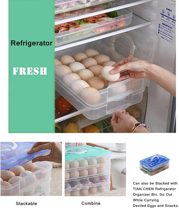 Deviled Egg Tray with Lid, 2-Layer, Food Storage Container with Handle, Egg Holder for Refrigerator, large, 40 eggs (Blue)