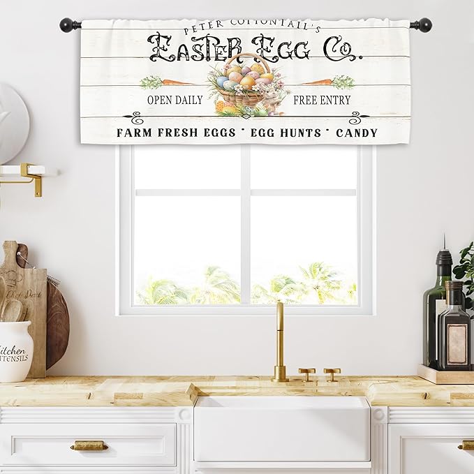 Miyotaa Rustic Easter Eggs Spring Kitchen Curtain Valance 54W x 18H Rod Pocket Farmhouse Rabbit Bunny Carrot Window Treatment for Living Room Bedroom Bathroom
