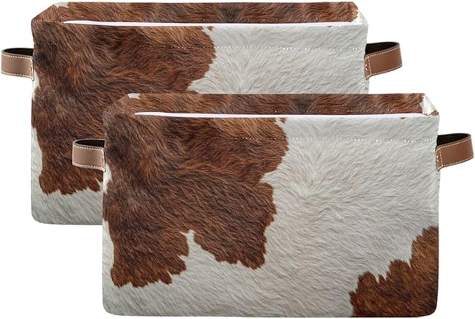 JIPONI Cow Patterning Fabric Storage Bins for Shelves, Decorative Storage baskets for organizing, Closet Organizer with Handle for Cloth, Toys, Bedrooms