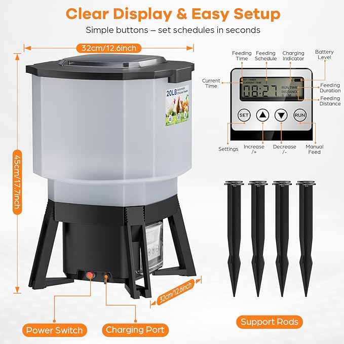 Solar Automatic Chicken Feeder with Timer, 20lbs PVC Poultry Feeder No Waste, Rat Proof Chicken Automatic Feeder with LCD Display, 6 Programmable Feeding Times (0–20s/Slot), 3 Throw Distances